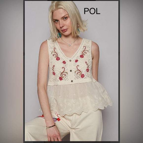 POL Cream and Pink Embroidered Tank Top - Picture 6 of 7